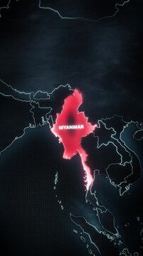 Vertical digital map highlighting Myanmar in glowing red over a dark stylized Southeast Asia background, perfect for a short-form mobile educational video or smartphone travel app promo.
