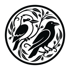 Fototapeta premium Kookaburra and crow silhouette in round floral frame.