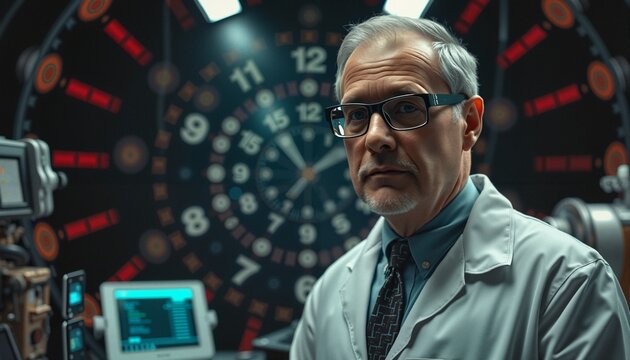 Scientist in Advanced Laboratory with Multi-Zone Clock Display