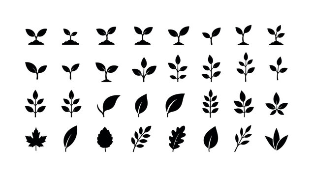 Black sprout and leaf silhouette icon set with growing plant shapes, sprouts, leaves, plants, botanical, black, silhouettes,