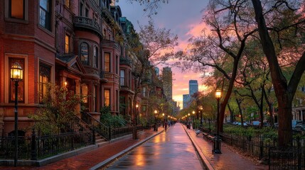 Fototapeta premium Sunset over Back Bay Boston: golden hour on historic brownstone streets