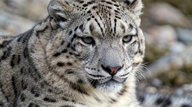 Snow leopard close-up portrait: intense gaze and detailed fur texture in natural habitat panthera uncia