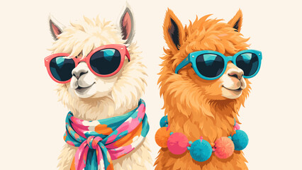Fototapeta premium Two colorful alpaca portraits with sunglasses and playful fashion mood, alpaca, portraits, sunglasses, colorful, animals, llama,