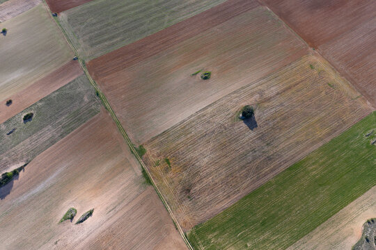 Aerial view of patchwork farmland near Guadalajara, Spain