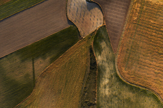 Aerial patchwork of farmland fields near Guadalajara