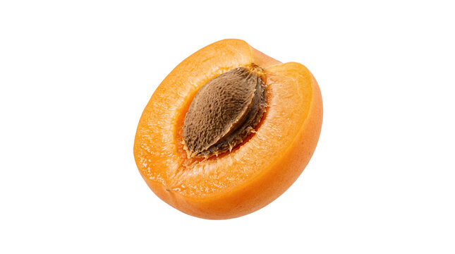 Half of a ripe organic apricot with the stone isolated on a white background. Tasty healthy sweet summer fruit snack.