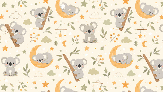 Baby animal pattern with koalas, moons, stars, leaves, and soft nursery decorations, koala, pattern, animals, moon, stars, leaves,