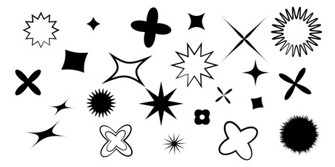 Fototapeta premium Modern Y2K Sparkle Abstract Geometric Shapes Collection with Stars, Flowers, Crosses, Sunburst, Rounded Forms and Minimal Decorative Vector Design Elements Isolated on White Background
