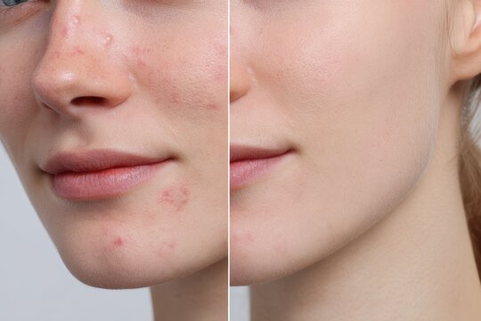 Split-face close-up portrait of a young woman with acne-prone skin on one side and clear skin after treatment