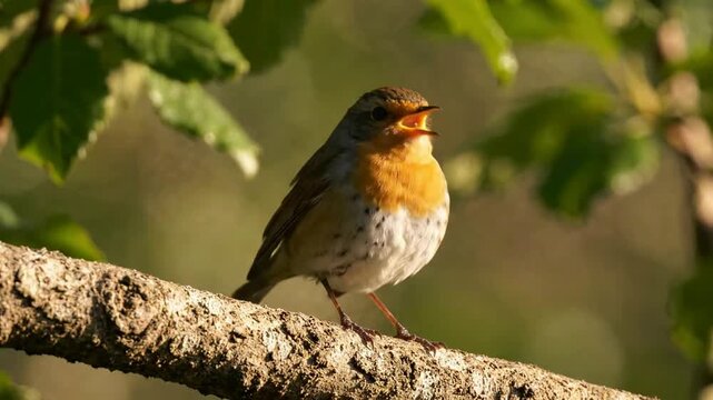 European robin singing on a tree branch in springtime sunlight, close-up nature wildlife shot erithacus rubecula