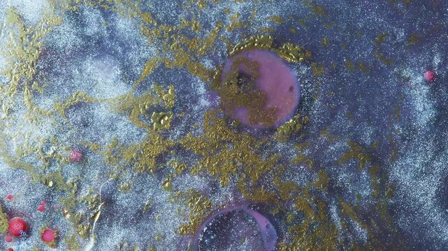 4K Purple Gold Liquid Abstract Background Animation. Metallic Alcohol Ink with Luxury Glitter Texture.