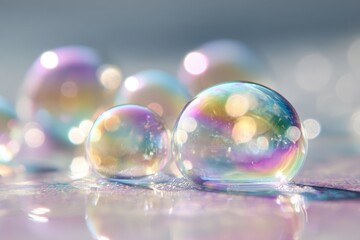 Fototapeta premium Floating soap bubbles in natural light, capturing fragile textures and color shifts