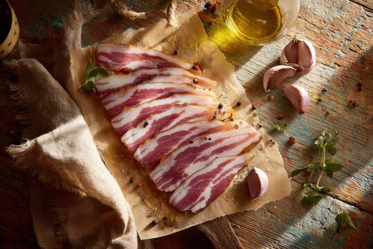 Thinly sliced guanciale on a rustic wooden board with olive oil and herbs