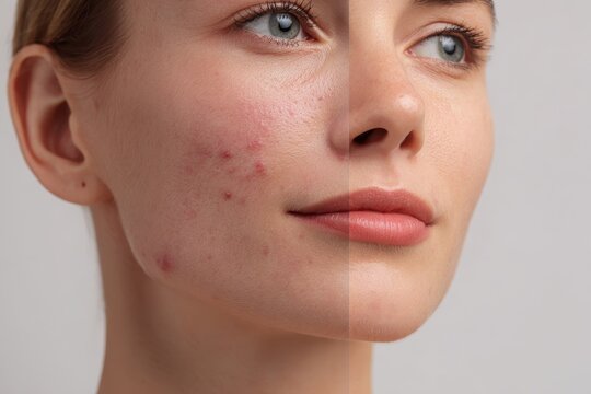 Before and after acne treatment: cropped portrait highlighting skin texture, redness, and improved tone