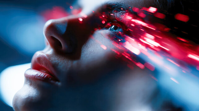 Close-up human face with red and blue light trails across the eye, futuristic concept of biometrics, digital identity, and cyber technology