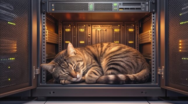 Striped cat sleeping inside server rack in data center. Domestic pet resting on warm hardware in high-tech environment.