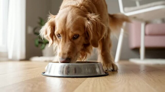 Golden retriever dog eating dry kibble from metal bowl in modern home interior feeding