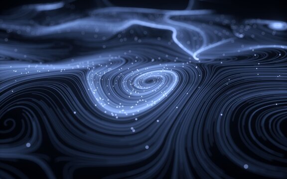 Abstract web network particles flowing in dark space