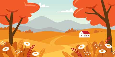 Obraz premium Countryside nature autumn landscape. Fall background vector illustration.