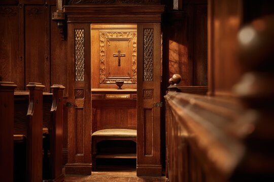 Intimate interior of a traditional confessional booth in a quiet chapel