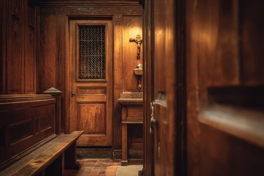 Perspective view of a wooden church confessional from a parishioner approaching the screen
