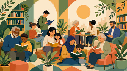 A vibrant illustration of a diverse community of people of all ages reading books together in a cozy, plant-filled library or community center. © Ngeluspupu