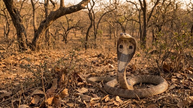 Venomous cobra snake with raised hood on dry forest floor with fallen leaves, wildlife nature photography
