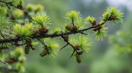 Fototapeta premium Close-up of a bright green larch twig with fluffy needles and tiny cones in summer daylight