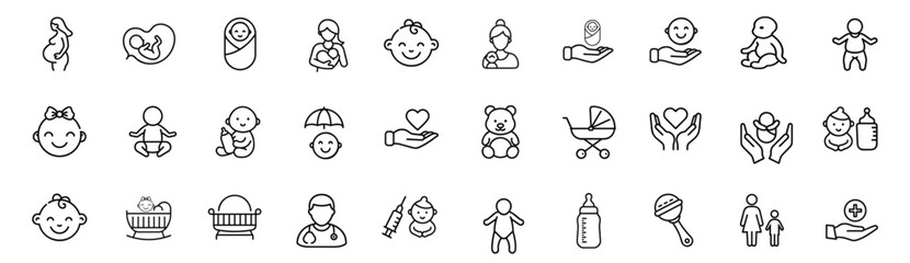 Maternity care and infant lifestyle line icons set featuring expectant mother, baby carriage, swinging cradle, rattle shaker, vaccine syringe & more vector illustration with editable stroke.