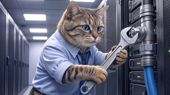 Anthropomorphic tabby cat wearing office shirt and tie fixing server equipment with wrench. IT maintenance concept in modern data center.