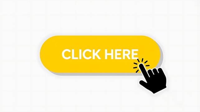 Click here button, yellow call-to-action, cursor pointer, web navigation icon, modern UI element