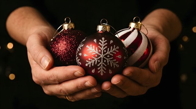 Hands holding three festive red christmas ornaments with glitter and snowflake details dark background