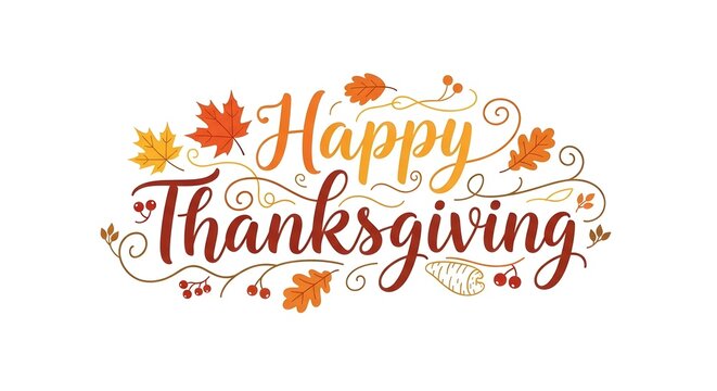 Festive thanksgiving day typography with autumn leaves and flourishes for holiday greetings and celebrations