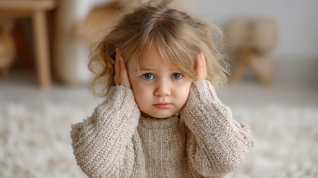 Softly lit home scene: child blocks out noise with hands over ears, depicting sensory overwhelm in young children