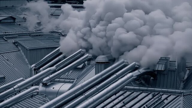 dense smoke billowing from factory rooftop rows of metal pipes and vents expel thick gray clouds over steel corrugated roof dramatic lowkey tones atmospheric pollution industrial