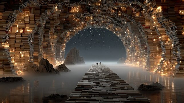 Bridge constructed entirely from books stretching across glowing void representing connection between ignorance and knowledge through structured learning pathways and education systems,
