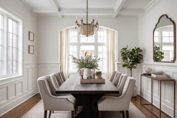 Fototapeta premium Timeless transitional dining room with dark wooden table, upholstered seating, and soft, airy ambiance