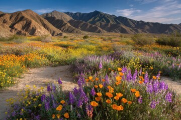 Obraz premium Wide-angle desert landscape with blooming wildflowers in Anza-Borrego during spring light