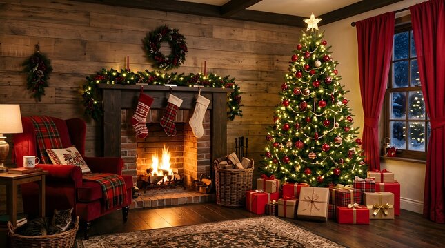 merry Christmas, Cozy christmas living room scene with fireplace tree and gifts holiday interior decoration
