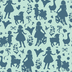 Seamless monochrome blue cottage core pattern with farmhouse silhouettes. Spring rural background with girl, rabbit, chicks, florals, lamb and goose in retro style. © Vigurskaia Sofiya