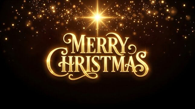 Golden 'merry christmas' typography with sparkling starburst on black background for holiday marketing