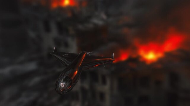 High angle 3D render of a combat military kamikaze drone diving toward a burning destroyed city during an intense nighttime aerial bombardment sequence