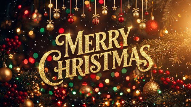 Festive 'merry christmas' typography with ornaments and bokeh lights for holiday season marketing
