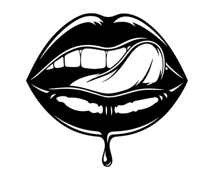 Close-up of lips with tongue sticking out in black and white illustration