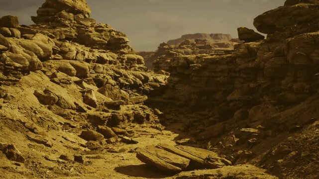 hiking route through golden canyon passage with sun angled across ridges, warm glow emphasizes rough textures and inviting trail, usable for adventure