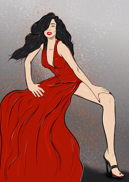 Beautiful black hair woman in red dress