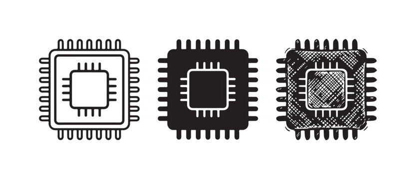 Three Visual Styles of a QFN/QFP Microchip Icon: Line Art, Solid Silhouette, and Expressive Sketch