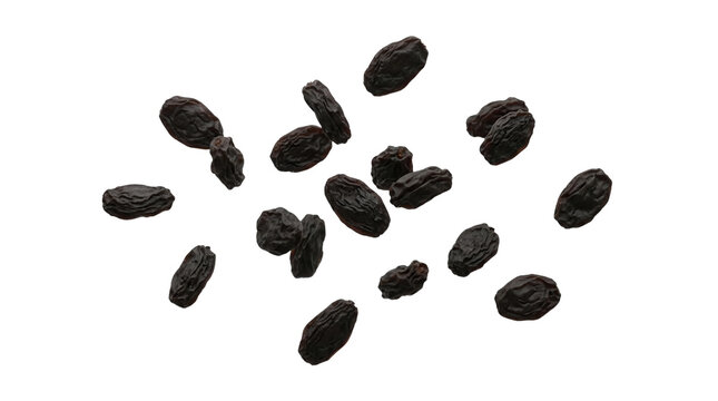Falling Dark Brown Raisins Dried Grapes or Sultanas Isolated on White Background Healthy Organic Snack Food Ingredient