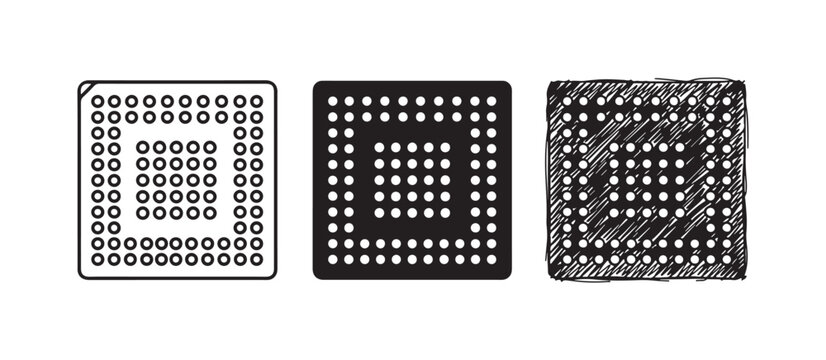 CPU microchip icons, representing a processor with ball grid array in outline, solid, and hand-drawn sketch styles for technology.