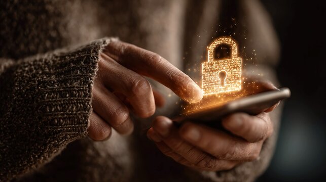 Cybersecurity and mobile data protection concept, person entering PIN on smartphone with virtual lock overlay, ensuring secure login, encryption, and online privacy